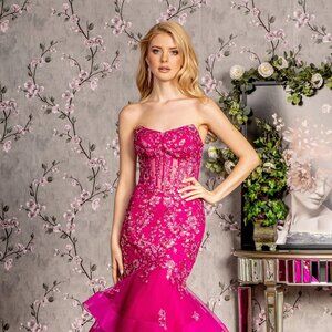 NEW LONG FORMAL SLEEVELESS STRAPLESS DRESS EMBROIDERED WITH RHINESTONES GL3216